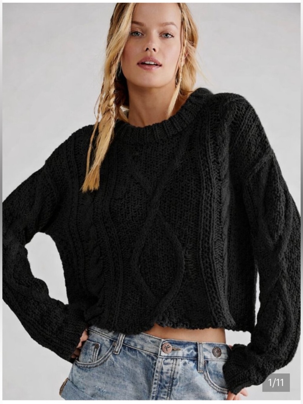 NWOT Free People Black Cutting Edge 100% Cotton Cable Chunky Knit Sweater Small